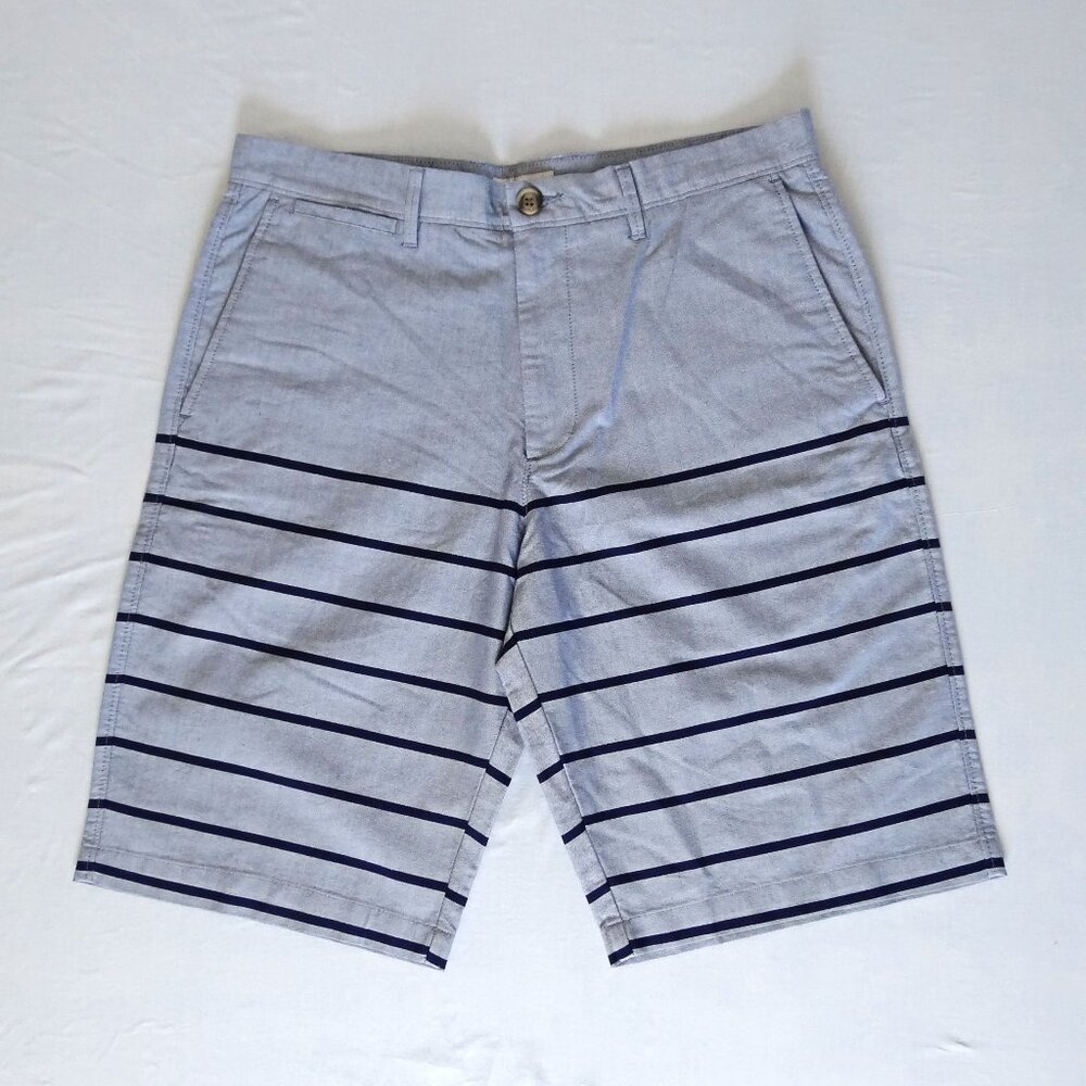 MERONA Men’s 32 Classic-Fit Flat-Front Stripe Cotton Shorts Gray Navy